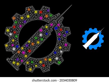 Bright network vaccine industry constellation icon with lightspots. Illuminated vector constellation based on vaccine industry icon. Sparkle frame polygonal vaccine industry on a black background.
