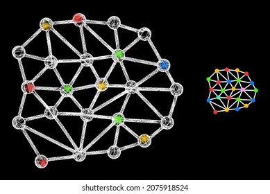 Bright network vector mesh with glow effect. White mesh, bright spots on a black background with mesh icon. Mesh and lightspot elements are placed on different layers.