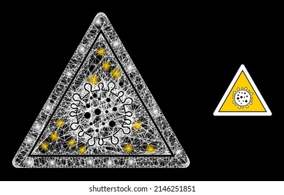 Bright network virus danger with glowing spots. Linear frame 2D network generated from intersected white lines and virus danger icon.