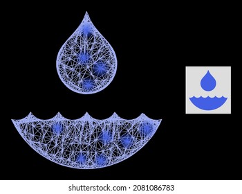 Bright network water with lightspots on a black background. Light vector constellation based on water pictogram, with hatched network and light spots.