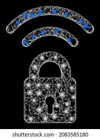 Bright network Wi-Fi lock with glowing spots. Vector carcass created from Wi-Fi lock icon, and with crossed lines. Bright carcass polygonal Wi-Fi lock on a black background.