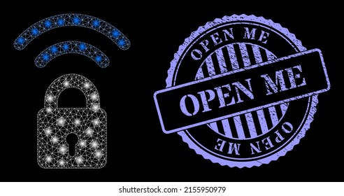 Bright network Wi-Fi lock with glowing spots, and Open Me blue round scratched stamp seal. Vector frame generated from Wi-Fi lock icon. Glowing frame mesh Wi-Fi lock.
