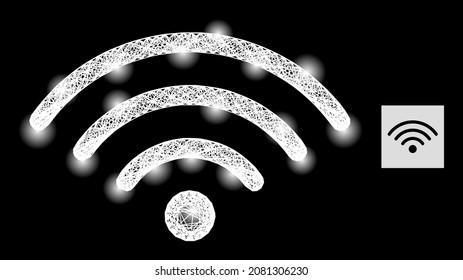 Bright network Wi-Fi source with light spots on a black background. Bright vector model based on Wi-Fi source icon, with linear mesh and light spots.