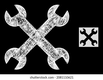 Bright network wrenches with lightspots on a black background. Bright vector structure based on wrenches pictogram, with irregular network and light dots.