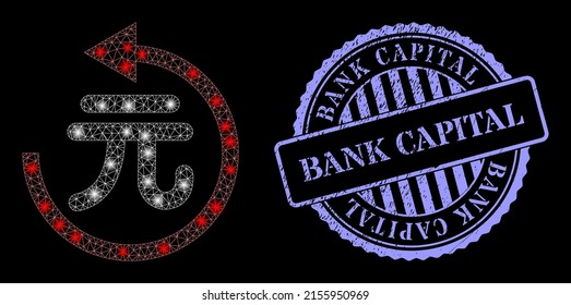 Luminoso reintegro de yuan de red con puntos brillantes, y sello corroido redondo de Bank Capital. Cápsula vectora basada en el icono de reembolso del yuan. Reembolso de yuan en malla de marco brillante.