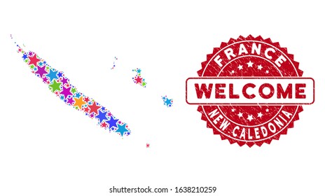 Bright New Caledonia Islands map composition of stars, and grunge round red WELCOME seal. Abstract geographic plan in bright shades. Vector New Caledonia Islands map is designed of bright stars.