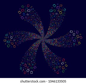 Bright New File centrifugal composition on a dark background. Hypnotic flower with six petals combined from randomized new file items.