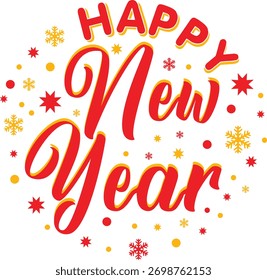Bright “Happy New Year” typography in red and yellow with festive stars and snowflakes, conveying joy, celebration, and a cheerful holiday atmosphere.