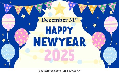 Bright New Year 2025 card design showcasing a star and balloons with bunting on a vivid background in this vector illustration.