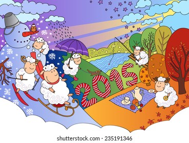 Bright  New Year card with funny Snowman and sheep in vector.