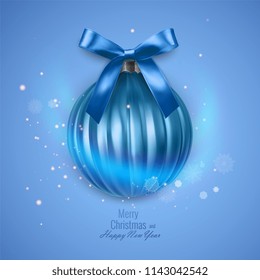 Bright new year card with a realistic Christmas ball, decorated with a bow. Vector illustration