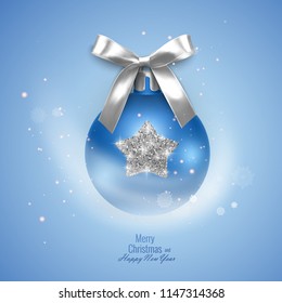 Bright new year card with a realistic Christmas ball, decorated with a bow. Vector illustration