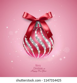 Bright new year card with a realistic Christmas ball, decorated with a bow. Vector illustration