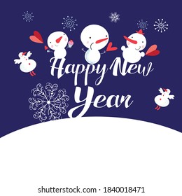 Bright new year card with snowmen and snowflakes on a blue background for the holiday