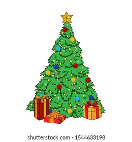 Bright New Year and Christmas poster with a decorated Christmas tree and gifts under it, hand-drawn