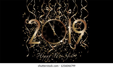Bright new year clock and year 2019 in gold tones on black background with confetti. Happy new year. Vector illustration