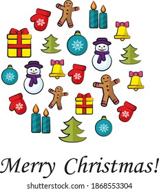 bright new year icons are located in the shape of a ball of Christmas tree toys on a white background
