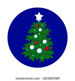 Bright New Year minimalistic illustration. Decorated Christmas tree isolated on blue background. It can be use as icon in social media 
