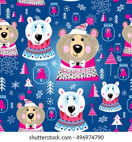 Bright New Year pattern of portraits of bears on a blue background with snowflakes and Christmas trees