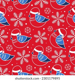 Bright New Year pattern with snow finches and snowflakes. Vector pattern for wrapping paper, decor, and textiles. New Year's package design