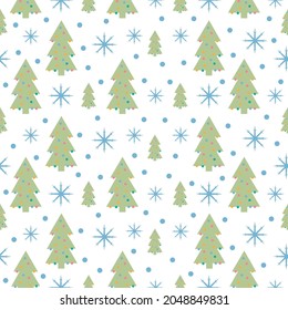 A bright New Year s seamless pattern in a cartoon style with the image of Christmas trees dressed up with toys and snowflakes. Christmas pattern for the print. Vector illustration