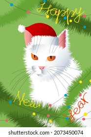 A bright New Year's card with the image of a fluffy white cat in a Santa Claus hat.