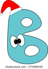 Bright new year's children's font. Christmas. Holiday atmosphere. English Latin alphabet. A sign with eyes and emotions. Fun bright blue kids letter B. Christmas red cap Santa