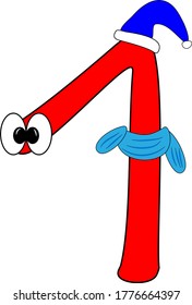 Bright new year's children's font. Christmas. Holiday atmosphere. A sign with eyes and emotions. Funny bright red kids arabic numeral 1. Santa's new Year's blue cap, scarf.