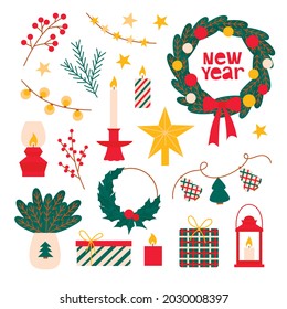 A bright New Year's set with candles, wreaths of holly and willow branches, mountain ash twigs, garlands, gifts, etc. To create colorful vector patterns, print illustrations on fabric, clothing.