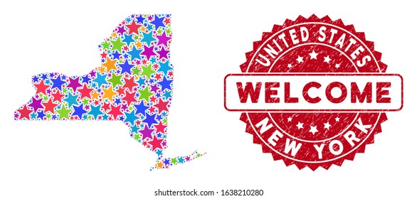 Bright New York State map mosaic of stars, and scratched round red WELCOME stamp seal. Abstract territory scheme in bright shades. Vector New York State map is designed from bright stars.
