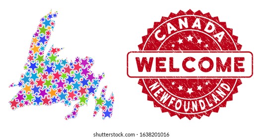 Bright Newfoundland Island map collage of stars, and distress rounded red WELCOME stamp. Abstract geographic scheme in colorful color tones.