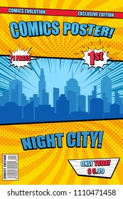 Bright Night City Comic Poster Cover With Blue Cityscape Silhouette Speech Bubbles Rays Radial And Halftone Effects. Vector Illustration