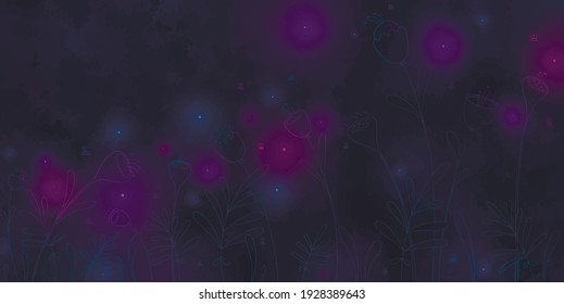 Bright night spring summer background with flowers, bees, plants and fireflies