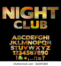 Bright Nightclub retro font with numbers and punctuation signs. Glowing colorful vector alphabet with striped letters