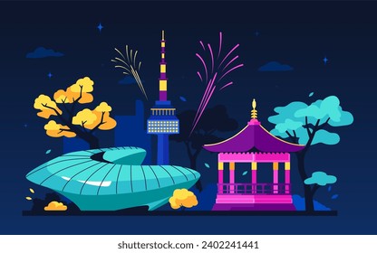 Bright nights in South Korea - modern colored vector illustration with Dongdaemun Design Plaza, Seoul TV Tower, wooden gazebo, park with trees and exploding fireworks in the night sky of Asia