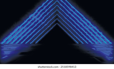 Bright noen lines. Fire cycle animation. Wet asphalt, night view. Bright reflection on concrete floor. Night empty stage, studio. Dark background. Vector illustration