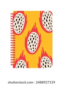 Bright notebook or notebook with pitaya on the cover. Beautiful school supplies. Isolated vector illustration for your design