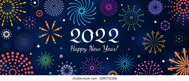 Bright numbers 2022 with fireworks Flat abstract geometric design New year concept and Xmas. greeting card, poster, banner, flyer. vector illustration