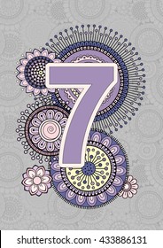 Bright Numbers. Mandala and Flowers. Isolated Vector Elements. 