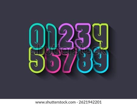 Bright numbers set, colorful numerals 0, 1, 2, 3, 4, 5, 6, 7, 8, 9 with shadow, vector illustration 10.