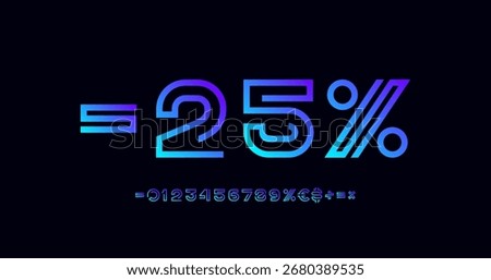 Bright numbers set Discount 25%, trendy numerals 0, 1, 2, 3, 4, 5, 6, 7, 8, 9 made segment line, vector illustration 10EPS