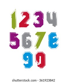 Bright numbers set drawn with real ink brush, vector childish numerals collection.