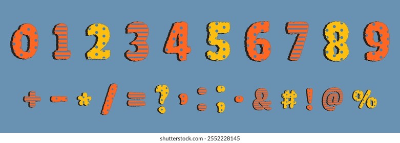 Bright numbers and symbols featuring polka dot and stripe patterns in orange and yellow on blue background. Perfect for children's books, creative and kid friendly designs.