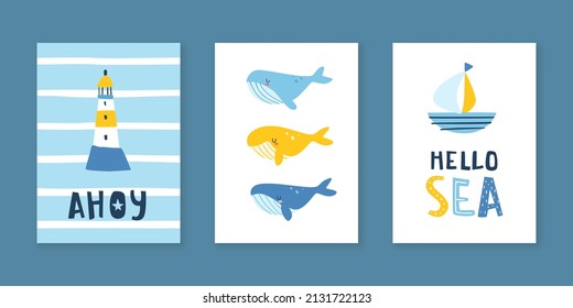 Bright nursery marine poster set. Sea prints collection for kids wall art. Baby nautical triptych.