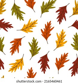 Bright oak leaves seamless vector pattern. Hand drawn veined autumn leaf on a stem. Colorful fall foliage isolated on white background.Flat cartoon backdrop, garden tree leaves. Botanical illustration