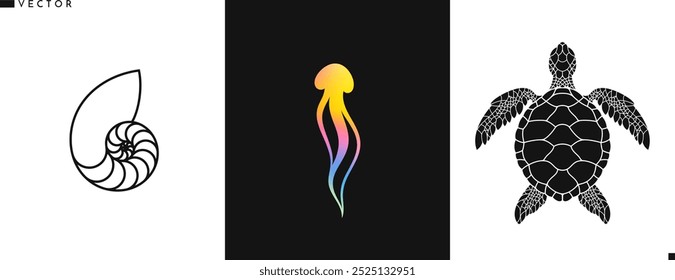 Bright ocean symbol. Abstract reef silhouette. Isolated jellyfish nautilus shell and turtle. Sea life vector