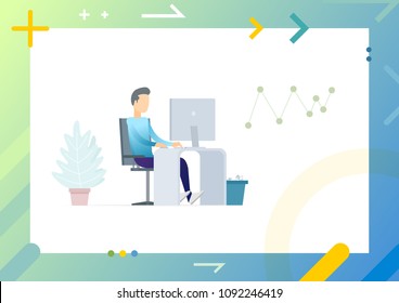 Bright office with comfortable workplace and decorative tree, man sitting by table and using pc, chair and trash bin, employer at work on tablet screen. Conceptual Web template.