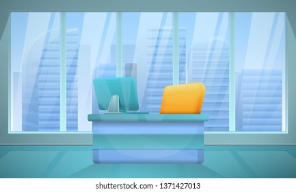 bright office room with a chair and a computer on the background of the city, vector illustration
