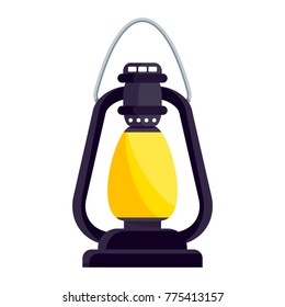 Bright old fashioned hand flashlight. Kerosene lamp or candle for lighting streets, houses. Decor for festival, birthday, wedding. Flat vector illustration. Objects isolated on white background.