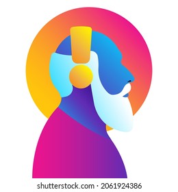 Bright Old Man Listening To Music In Headphones. Concept Of Podcast, Audio Chat, Radio, Meditation. Colored Male Silhouette, Side View. Icon, Logo, Design, Avatar. Contemporary Vector Illustration.